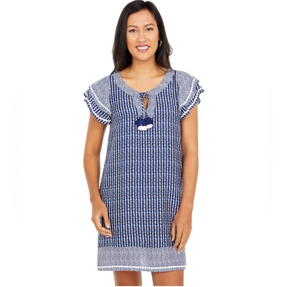 Vineyard Vines Flutter Sleeve tassel tunic dress navy and white Sz M knee length